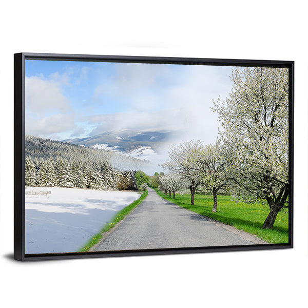 Road Between Winter and Spring Canvas Wall Art
