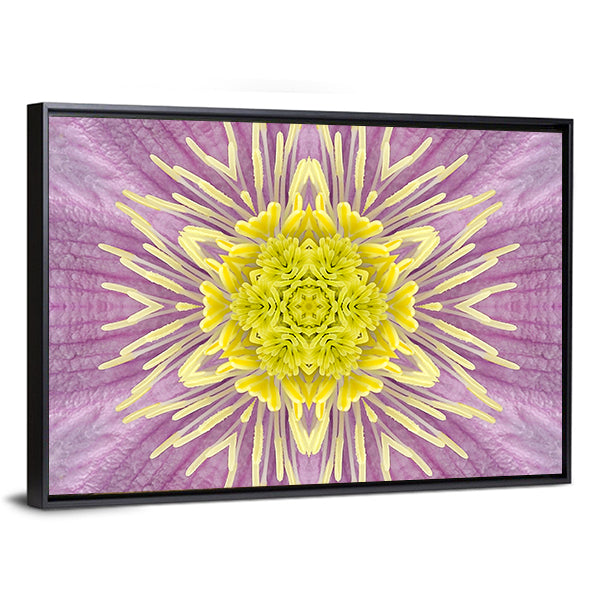 Mandala Kaleidoscope Flower Canvas Wall Art in yellow, purple and pink, framed canvas, product view on a white background