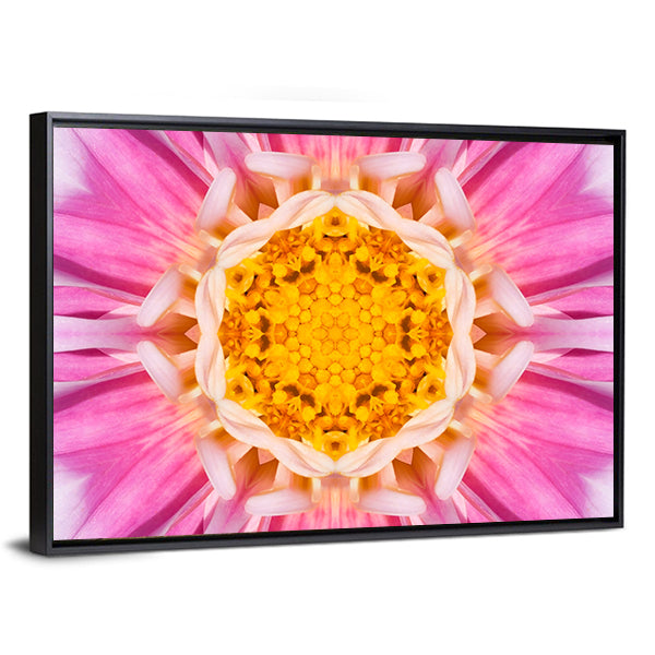 Pink Mandala Flower Canvas Wall Art in white, yellow and pink, framed canvas, product view on a white background