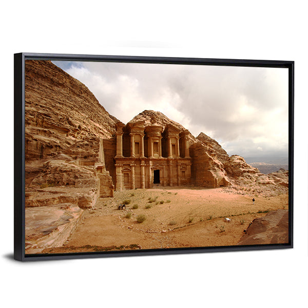 Monastery at Petra, Jordan Canvas Wall Art in beige and brown, framed canvas, product view on a white background