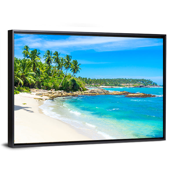 Tropical Beach In Sri Lanka Canvas Wall Art in white, green and blue, framed canvas, product view on a white background