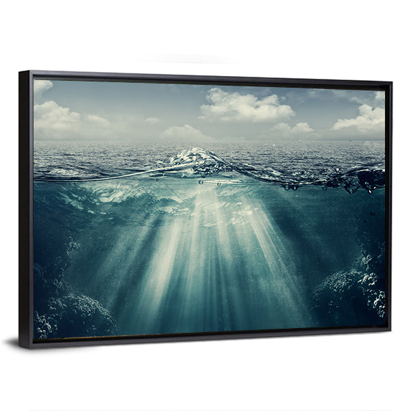 Split Perspective Underwater Ocean Landscape Canvas Wall Art in gray, blue and navy, framed canvas, product view on a white background