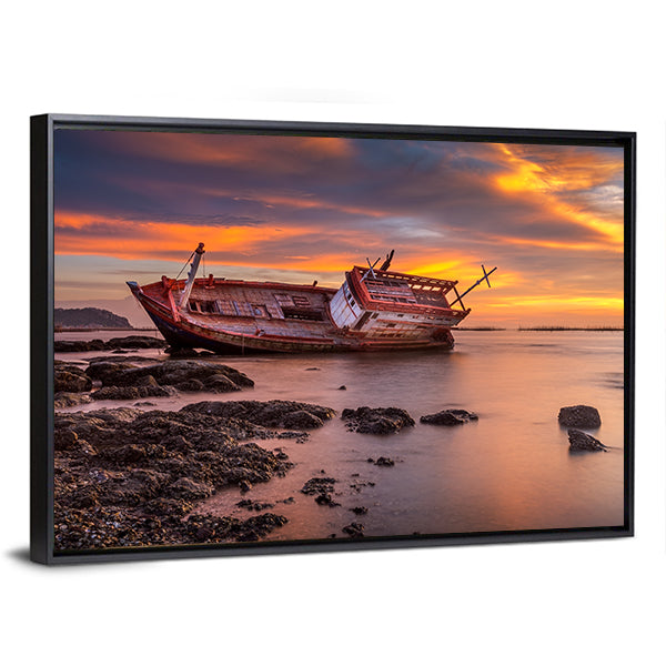 Fishing Boat Moored On Beach At Sunset Canvas Wall Art