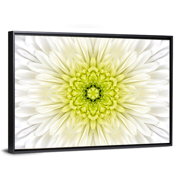 White Mandala Concentric Flower Canvas Wall Art in white, yellow and green, framed canvas, product view on a white background