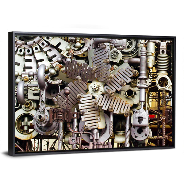 Assembled Metal Machine Parts Canvas Wall Art in gray and silver, framed print, product view on a white background