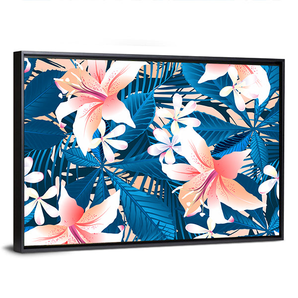 Tropical Lily and Plumeria Floral Pattern Canvas Wall Art in beige, blue and pink, framed canvas, product view on a white background