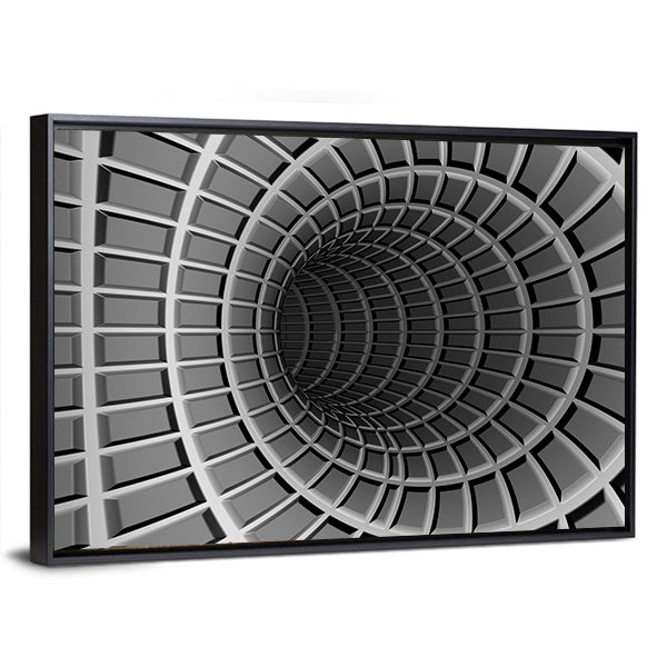 Dark Metal Abstract Tunnel Canvas Wall Art in black, white and gray, framed canvas, product view on a white background