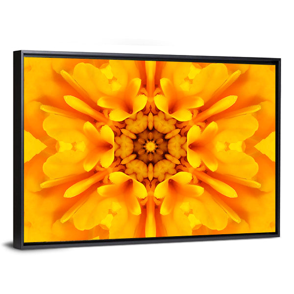 Yellow Mandala Flower Canvas Wall Art in orange and yellow, framed canvas, product view on a white background