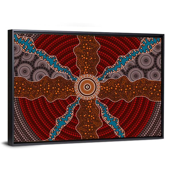 Aboriginal Dot Mandala Canvas Wall Art in brown, red and multicolor, framed canvas, product view on a white background