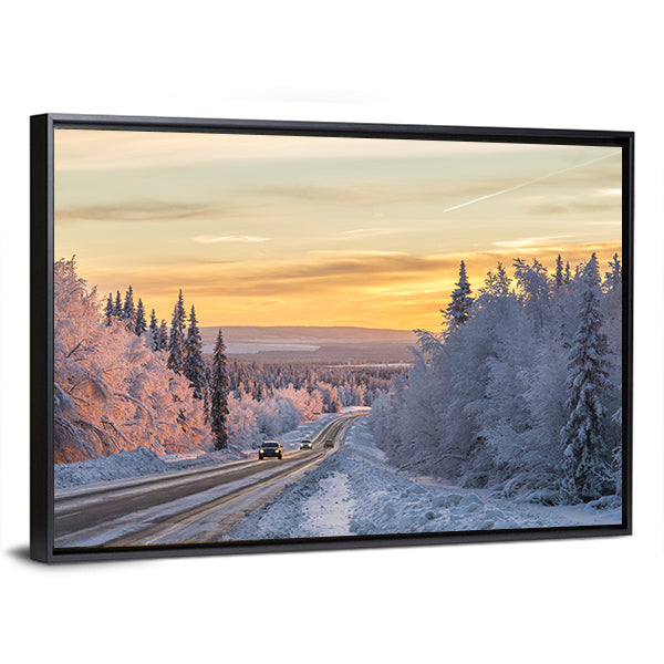 Winter Road In Northern Sweden Canvas Wall Art