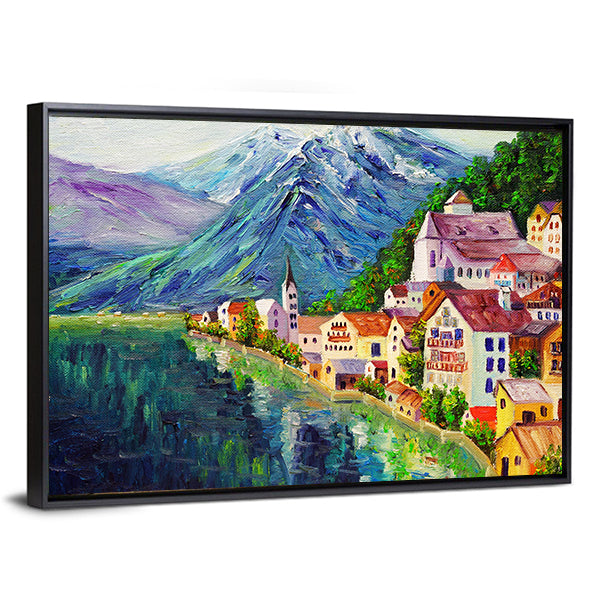 Hallstatt Oil Painting Austria Canvas Wall Art in green, blue and multicolor, framed canvas, product view on a white background