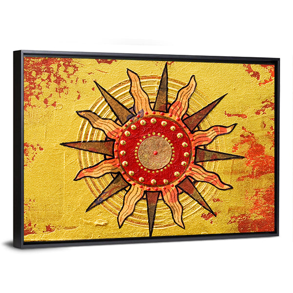 Radiant Golden Sun with Red Disc Canvas Wall Art in gold, red and yellow, framed canvas, product view on a white background