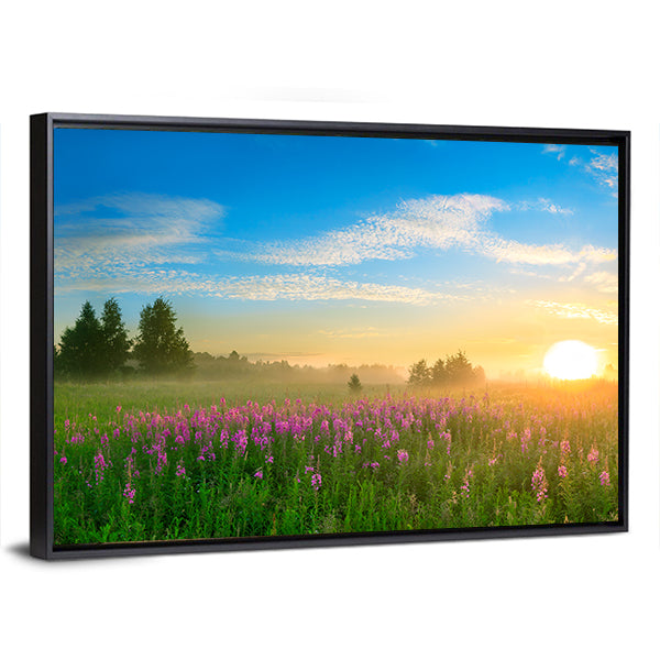 Sunrise Over Blossoming Meadow Canvas Wall Art