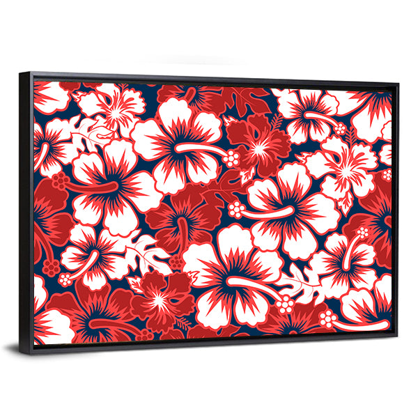 Hibiscus Surf Floral Pattern Canvas Wall Art in white, red and navy, framed canvas, product view on a white background