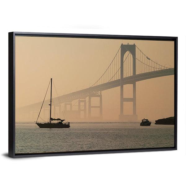 Hazy Suspension Bridge with Sailboat Canvas Wall Art in gray, beige and brown, framed canvas, product view on a white background