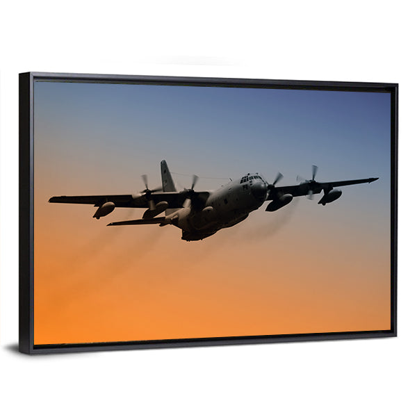 Military Airplane Flying Into Early Morning Sky Canvas Wall Art