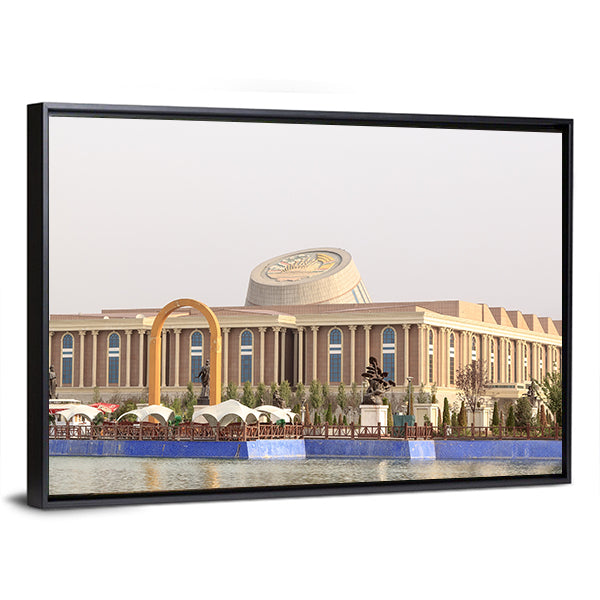 National Museum In Tajikistan Canvas Wall Art in white, beige and blue, framed canvas, product view on a white background
