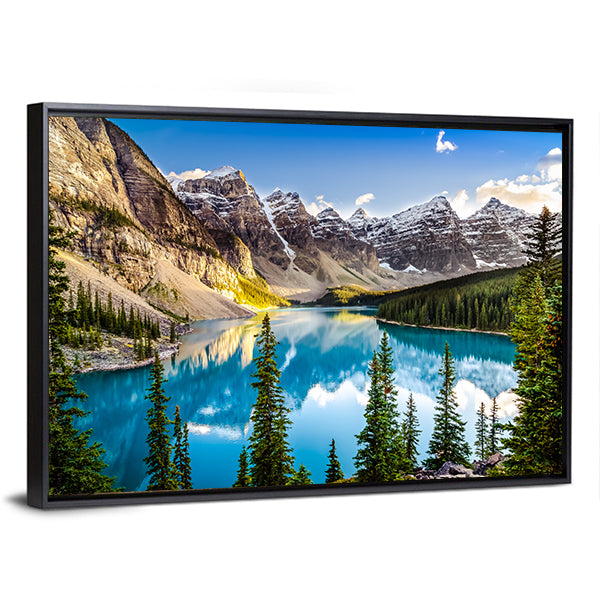Moraine Lake Alberta Landscape Canvas Wall Art in gray, green and blue, framed canvas, product view on a white background