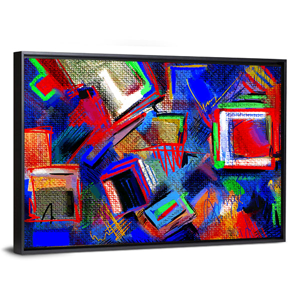 Hand-drawn Abstract Geometric Composition Canvas Wall Art in red, blue and multicolor, framed canvas, product view on a white background