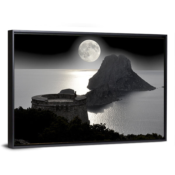 Moonlit Watchtower on Rocky Island Canvas Wall Art