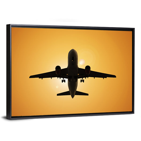 Airplane Silhouette Against the Sun Canvas Wall Art