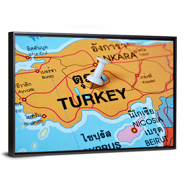 Turkey Map With Push Pin Canvas Wall Art in orange, yellow and blue, framed canvas, product view on a white background