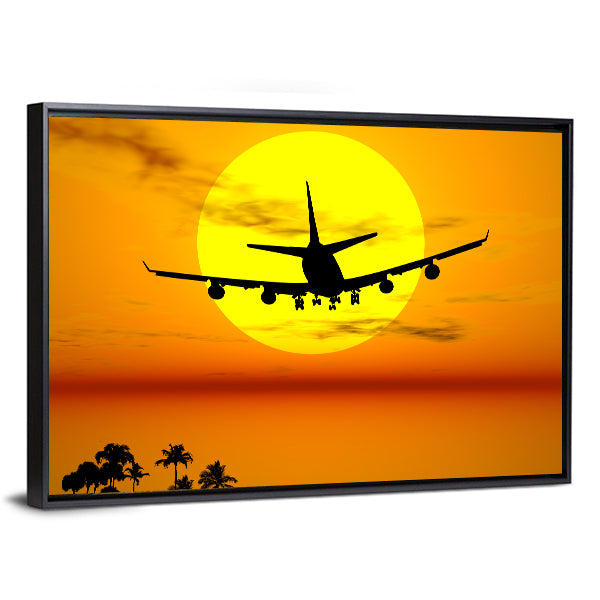 Airplane Silhouette Over Tropical Sunset Canvas Wall Art