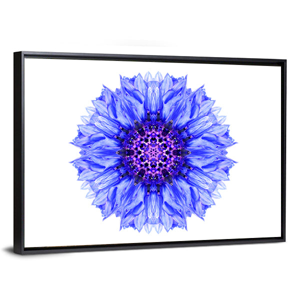 Blue Cornflower Mandala Canvas Wall Art in white, blue and purple, framed canvas, product view on a white background