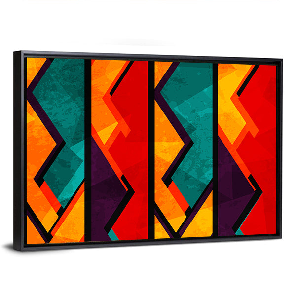 African Geometric Abstract Pattern Canvas Wall Art in red, orange and multicolor, framed canvas, product view on a white background