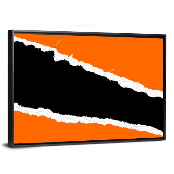 Torn Paper Abstract with Orange Fields Canvas Wall Art in black, white and orange, framed canvas, product view on a white background