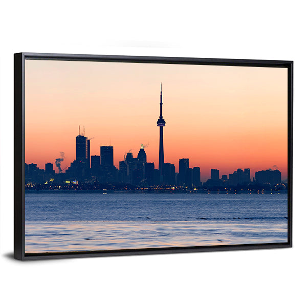 Toronto Skyline At Dawn Canvas Wall Art in orange, blue and pink, framed canvas, product view on a white background
