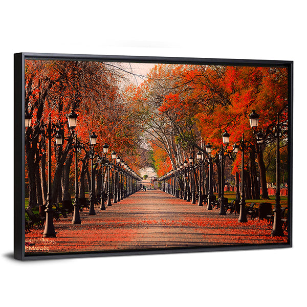 Red Autumn Park Pathway Canvas Wall Art
