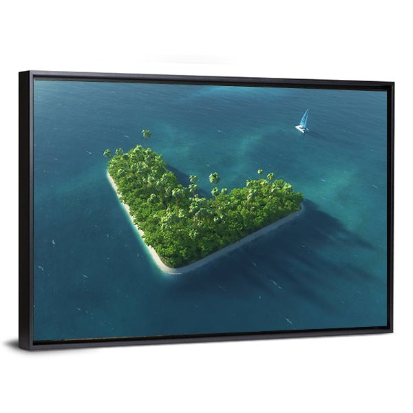Heart-shaped Tropical Island with Sailboat Canvas Wall Art