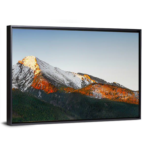 Snow-capped Peaks at Sunrise Canvas Wall Art in white, orange and blue, framed canvas, product view on a white background