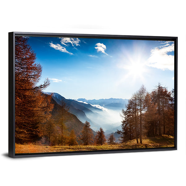 Italian Alps in Autumn Canvas Wall Art in brown, orange and blue, framed canvas, product view on a white background