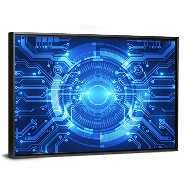 Futuristic Circuitry Core Canvas Wall Art in blue, framed canvas, product view on a white background