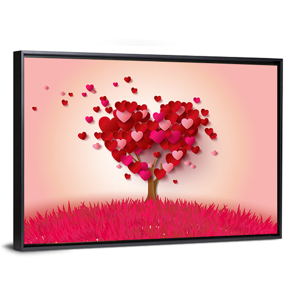 Love Tree With Heart Leaves Canvas Wall Art in red and pink, framed canvas, product view on a white background