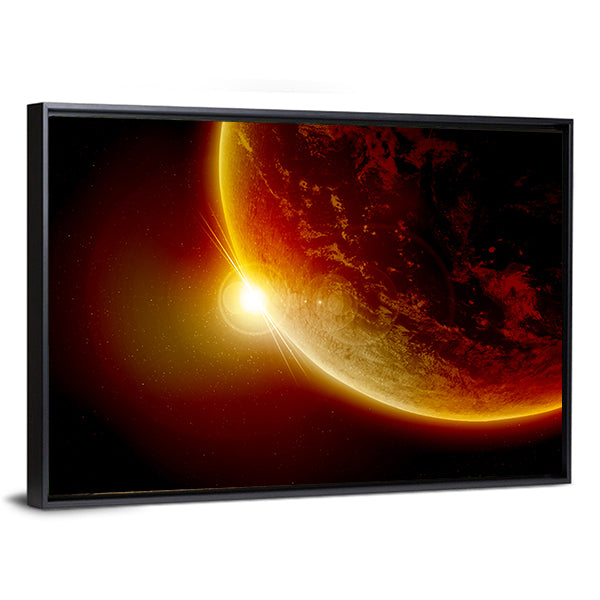 Red Planet Earth In Outer Space With Sun Canvas Wall Art