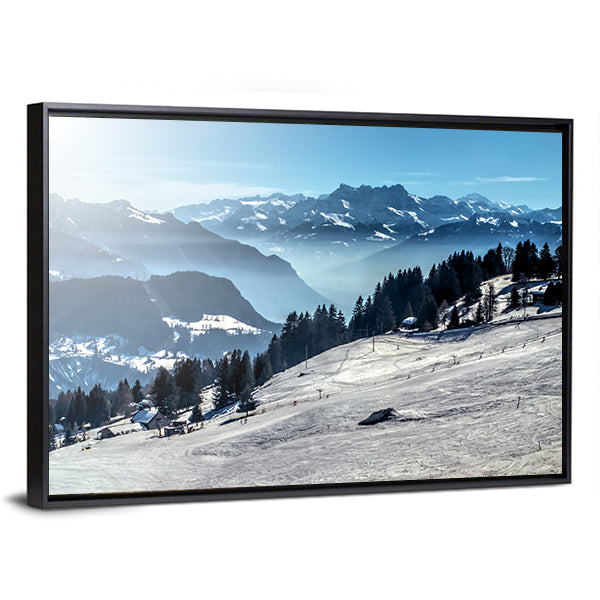 Winter Mountain Ski Slope Canvas Wall Art in white, gray and blue, framed canvas, product view on a white background