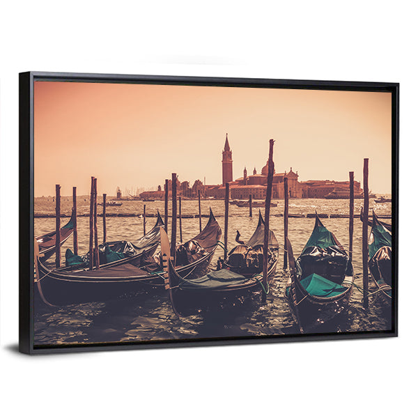 Gondolas Against Venice Panorama In Canal Canvas Wall Art