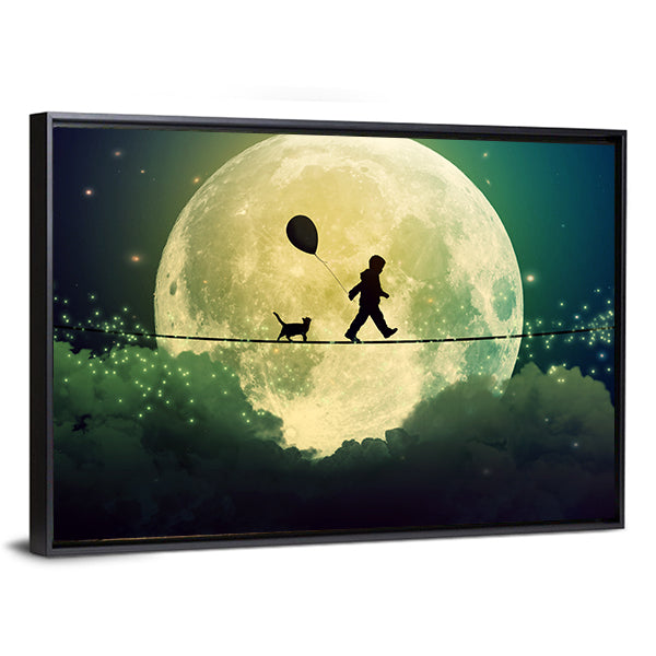 Child on Tightrope Under Full Moon Canvas Wall Art