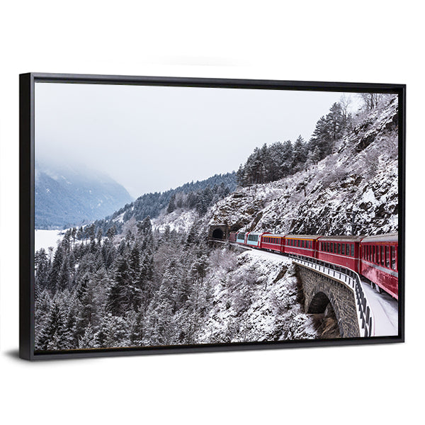 Glacier Express In Switzerland Canvas Wall Art in white, gray and red, framed canvas, product view on a white background