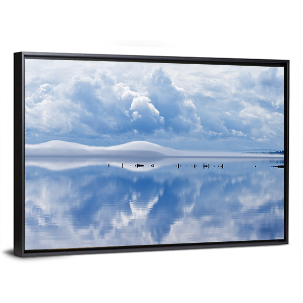 Siljan Lake In Dalarna Sweden Canvas Wall Art in white and blue, framed canvas, product view on a white background