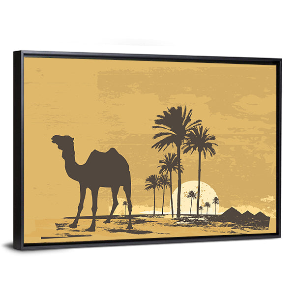 African Desert Sunset with Camel Silhouette Canvas Wall Art