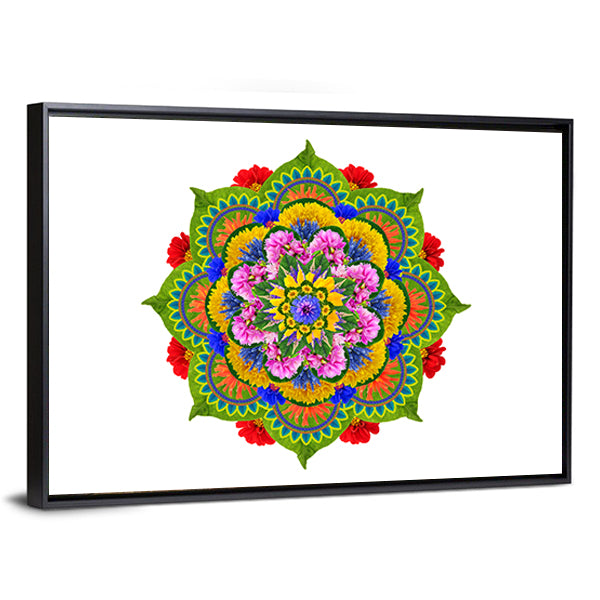 Sacred Lotus Mandala Canvas Wall Art in white, green and multicolor, framed canvas shown in a room