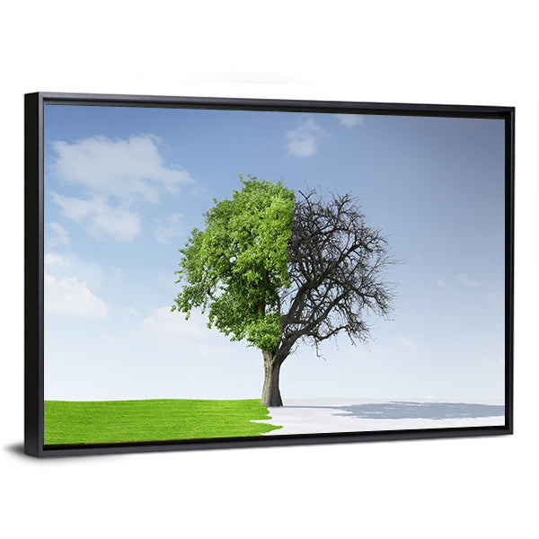 Summer To Winter Concept Canvas Wall Art in white, green and blue, framed canvas, product view on a white background