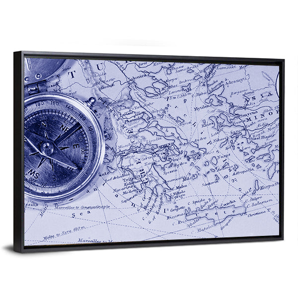 Antique Maps Showing Countries And Trade Routes Canvas Wall Art in white and blue, framed canvas, product view on a white background