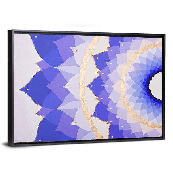 Purple Flower Mandala Canvas Wall Art in gold, blue and purple, framed canvas, product view on a white background