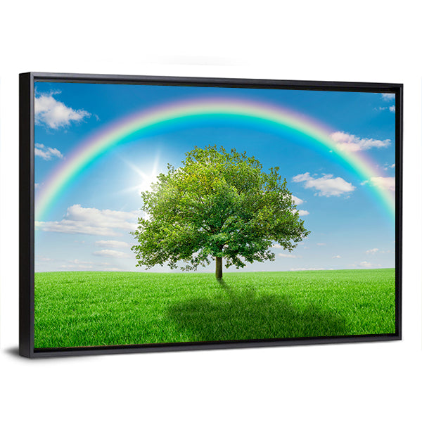 Old Oak Tree on Green Meadow Canvas Wall Art