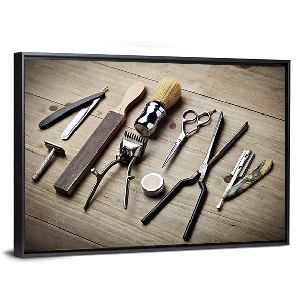 Vintage Barber Tools Flat Lay Canvas Wall Art